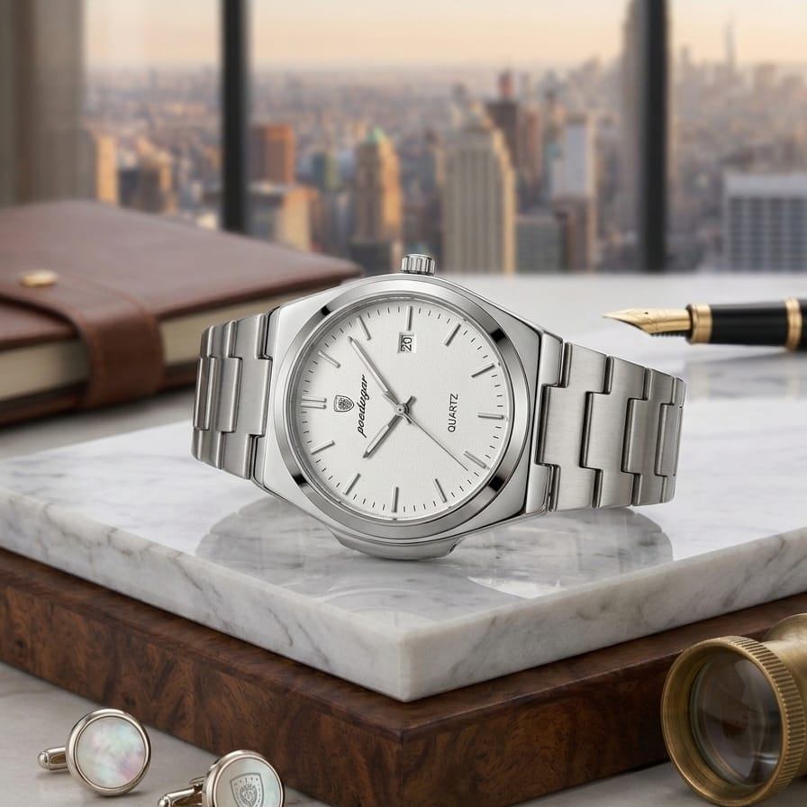 Poedagar Quartz Men's Watch – White Dial, Stainless Steel Chain