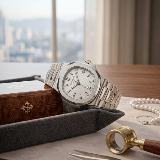 Patek Philippe Nautilus Style Watch – Silver Steel Chain, White Dial