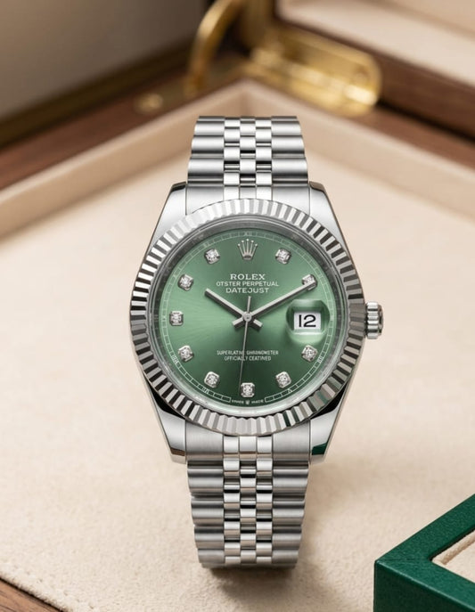 Rolex Elegant Men's Watch – Mint Green Dial Stainless Steel