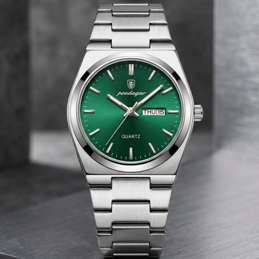 Poedagar Quartz Men's Watch – Green Dial, Stainless Steel Chain