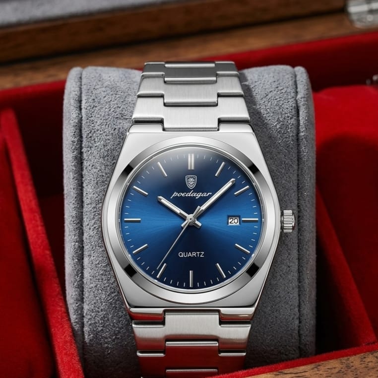 Poedagar Quartz Men's Watch – Blue Dial, Stainless Steel Chain