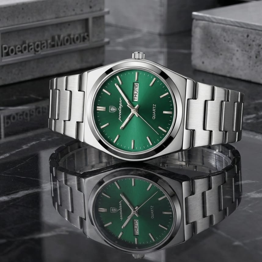 Poedagar Quartz Men's Watch – Green Dial, Stainless Steel Chain