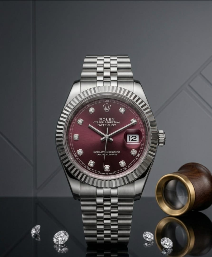 Rolex Classic Men's Watch – Burgundy Dial Stainless Steel