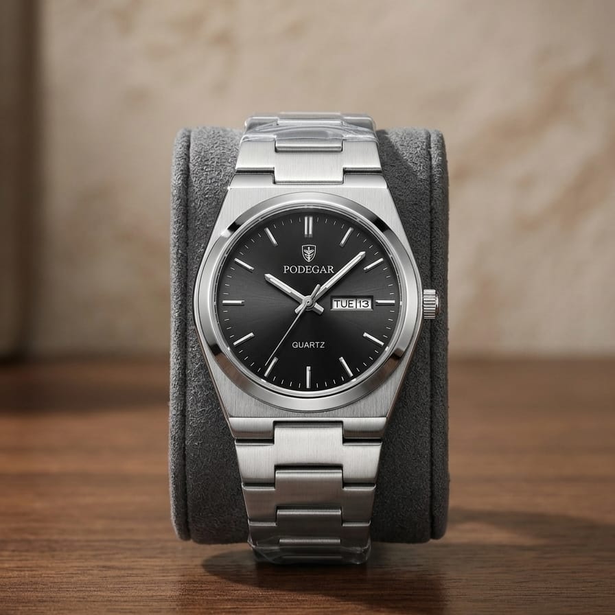 Poedagar Quartz Men's Watch – Black Dial, Stainless Steel Chain