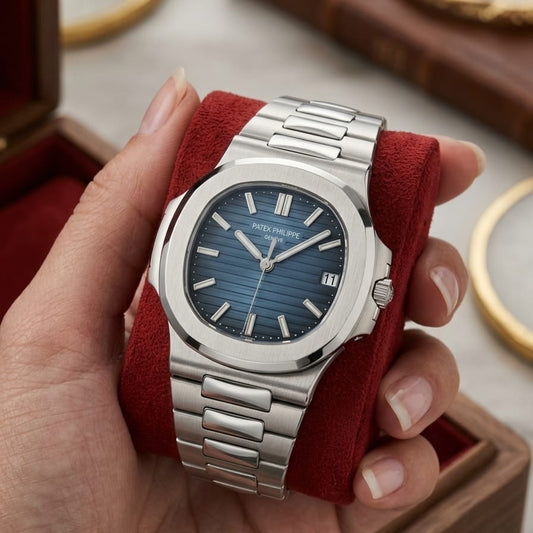 Patek Philippe Nautilus Style Watch – Silver Steel Chain, Navy Blue Dial