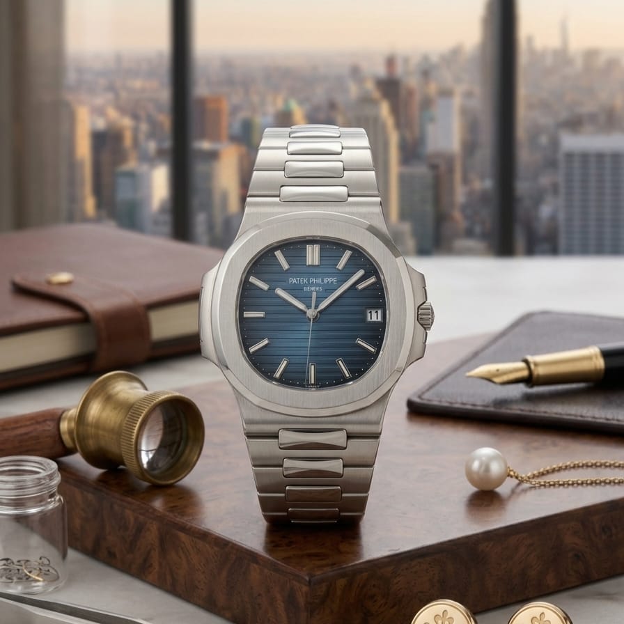 Patek Philippe Nautilus Style Watch – Silver Steel Chain, Navy Blue Dial