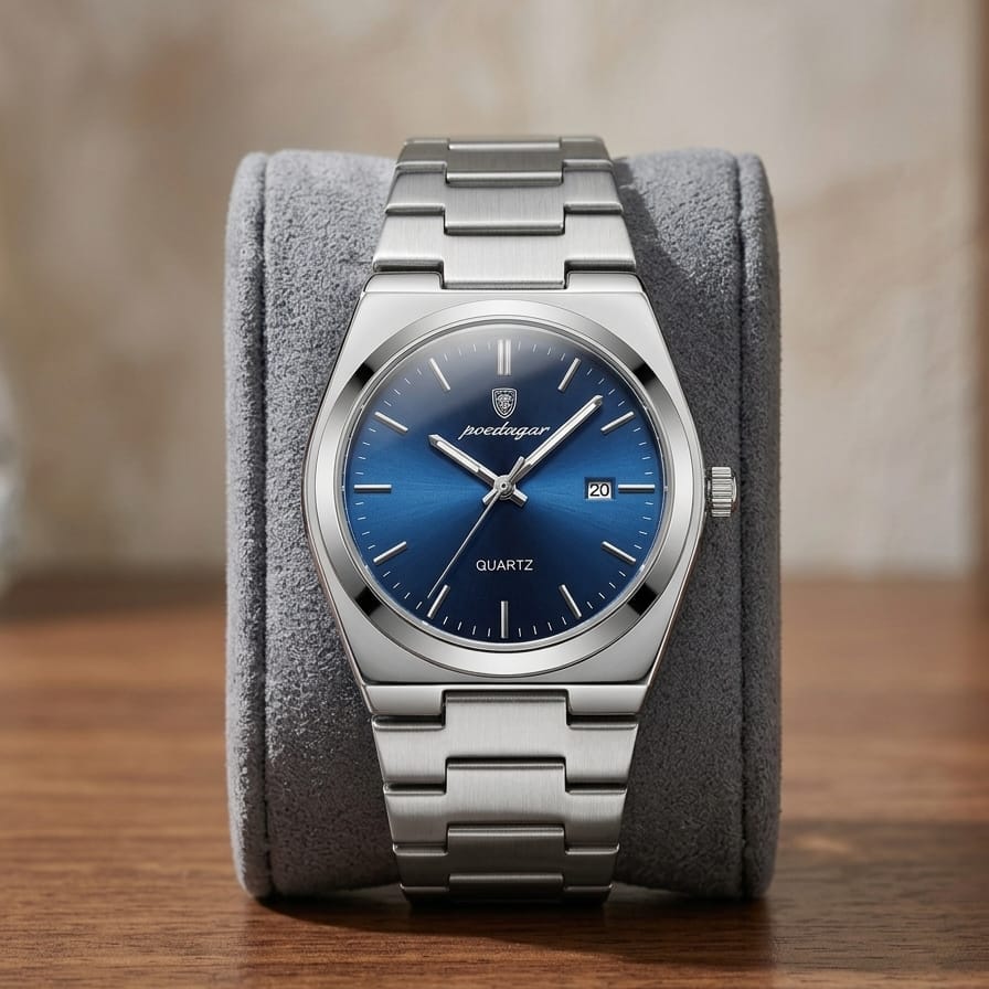 Poedagar Quartz Men's Watch – Blue Dial, Stainless Steel Chain