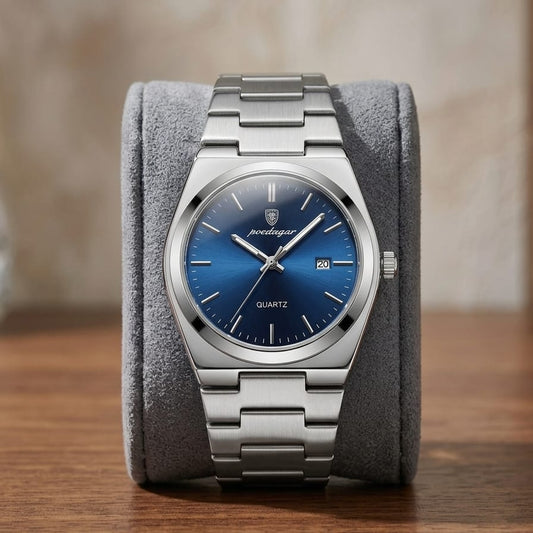 Poedagar Quartz Men's Watch – Blue Dial, Stainless Steel Chain
