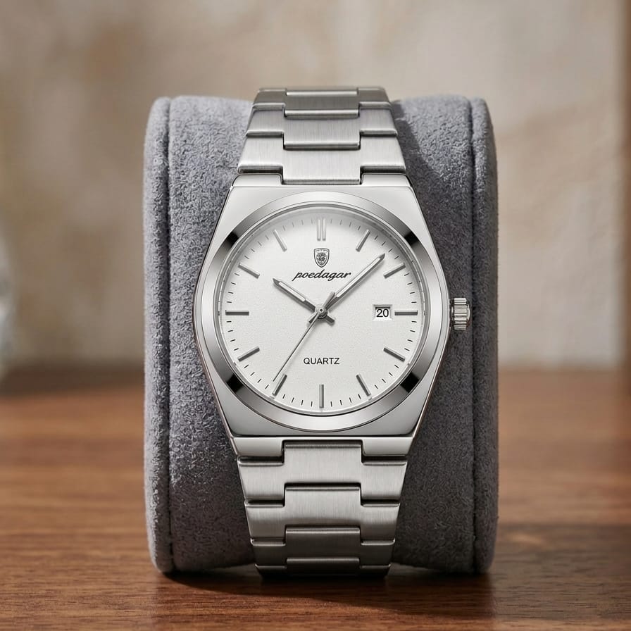 Poedagar Quartz Men's Watch – White Dial, Stainless Steel Chain