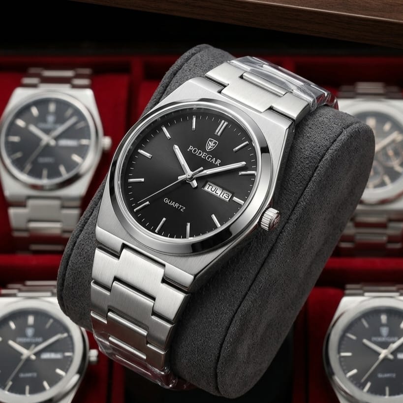 Poedagar Quartz Men's Watch – Black Dial, Stainless Steel Chain